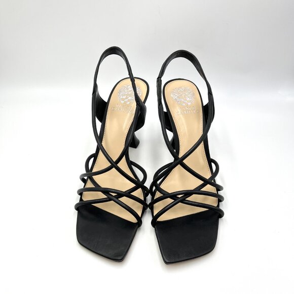 Vince Camuto 9.5 Sanda Black Leather Strappy Flared Heels Dress Sandals Shoes - Picture 2 of 14